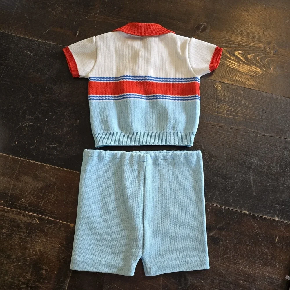 Vintage 60s Toddler Knit Outfit Size One / 12 Mo Sweater Shorts Blue Red‎ Stripe